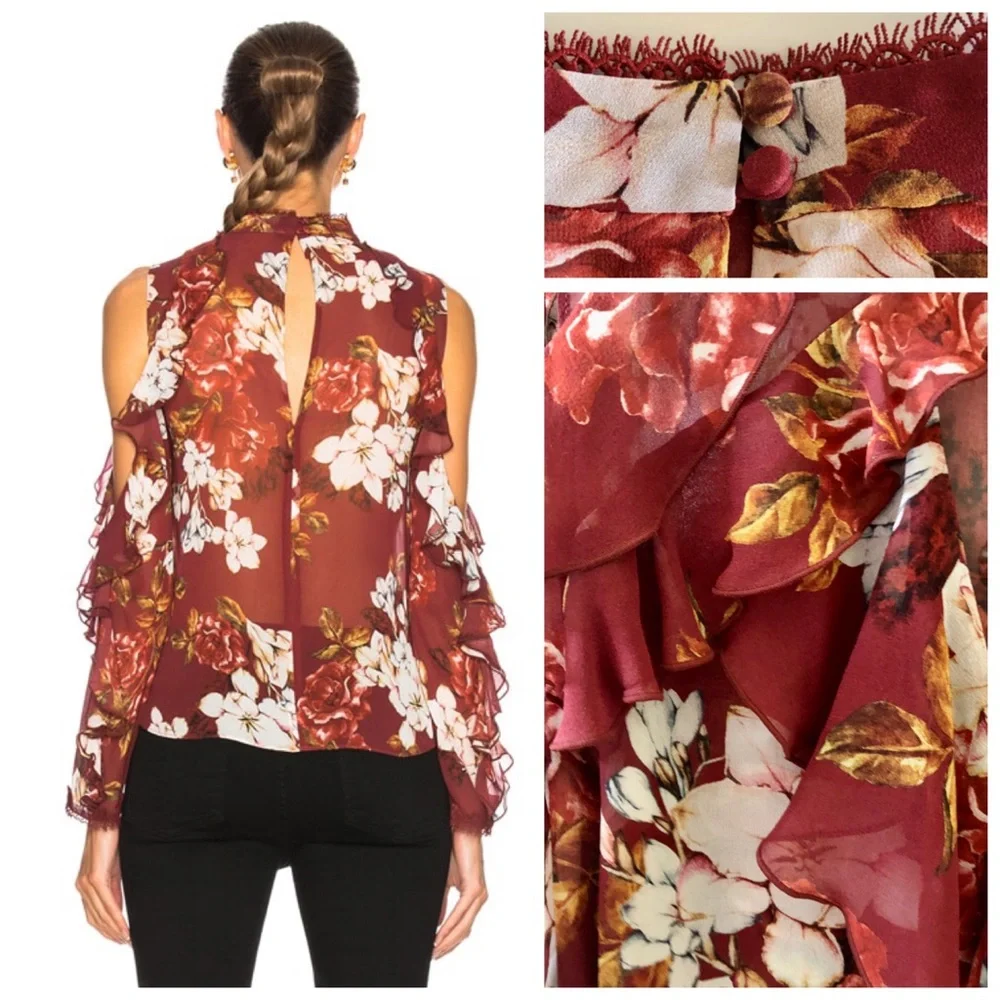 NICHOLAS Celeste Cold Shoulder Silk Blouse Top, Ruffle Floral sz. 2 - Picture 9 of 17
